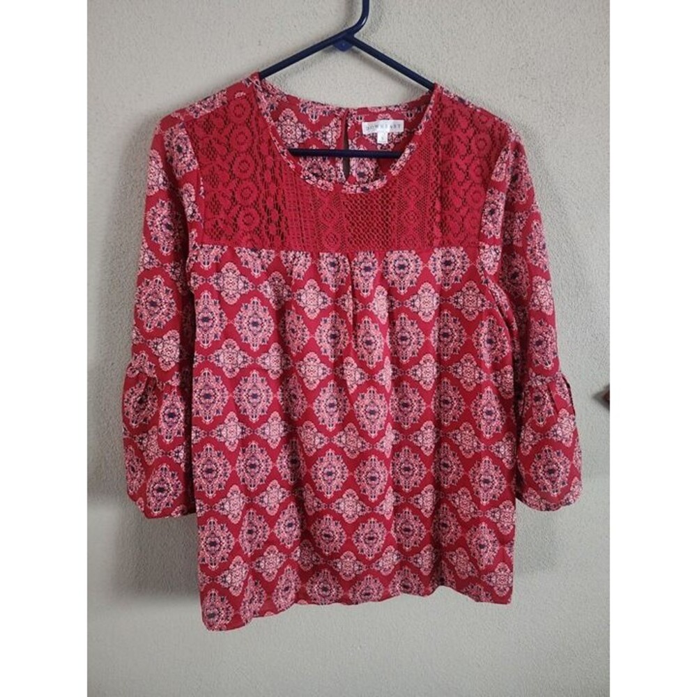 Downeast Small Red Geo Tile Print Crochet Lace Yoke Bell Sleeve Boho Blouse